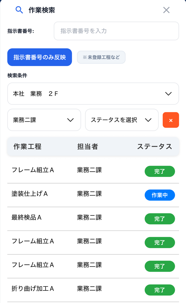 シンクロオーダーのモバイル作業検索画面。指示書番号や部署・ステータスで絞り込み、作業工程ごとに担当者と完了・作業中のステータスが一覧表示されている